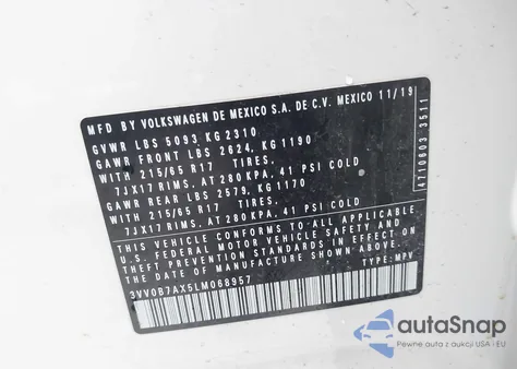 2020 Volkswagen Tiguan 2.0T S из США, поврежденный, VIN 3VV0B7AX5LM068957